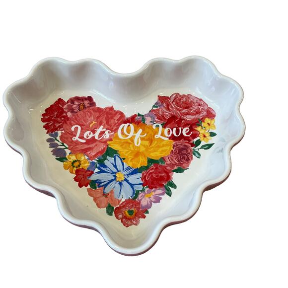 Pioneer Woman Valentines Heart Shaped Ceramic Baking Dish Pink Floral 9.65x7 New - Picture 5 of 11
